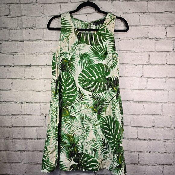 WOMENS TAHARI SHIFT DRESS LINEN WHITE WITH TROPICAL GREEN LEAF PRINT SIZE SMALL - Picture 1 of 6